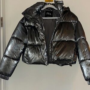 Zara Women's Metallic Silver Cropped Puffer Jacket